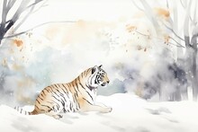 AI Generated Illustration Of A Watercolor Painting Of A Majestic White Tiger In A Wintery Forest