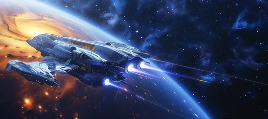 futuristic spaceship flies among outer space. banner