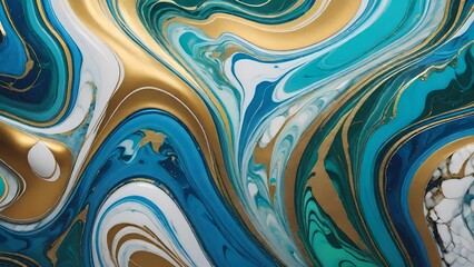 Arte fluida con onde di marmo di colori turchese, oro e bianco che si mescolano creando un effetto marmoreo