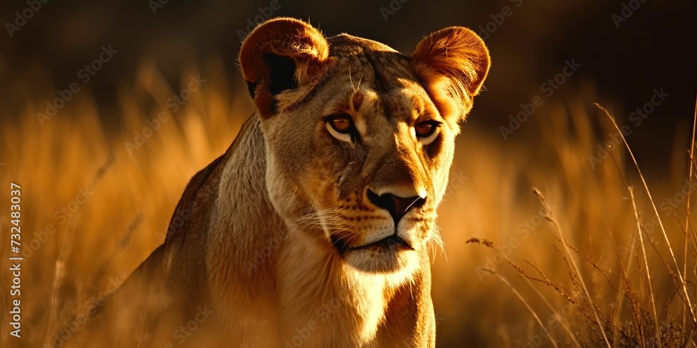 AI generated illustration of a majestic female lion stands atop a dry ...