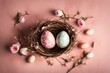 Aerial view of a charmingly adorned Easter egg in a nest on the side, against a muted rose-colored background, creating a whimsical scene with a solid, flat surface for your festive text