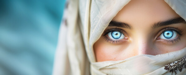 Wall Mural - Portrait of a young Arab woman in hijab with blue eyes. Traditional. Banner