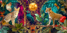 Exotic Plant, Flower Art And Wild Cats. Art Collage. Jungle Wildlife Banner