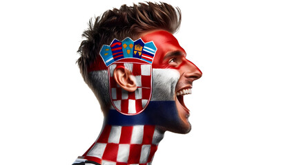 Wall Mural - man soccer fun profile portrait with painted face of croatian national flag isolated on transparent background