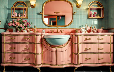 Canvas Print - vintage bathroom with basin and mirror furniture created with Generative AI technology