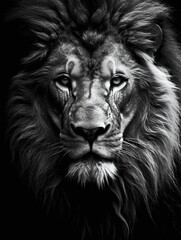 Poster - AI-generated illustration of a black and white photograph of a powerful lion with an intense stare