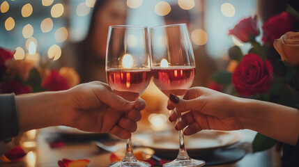 Couple, hands and toast with wine glass for home celebration of love, romance and valentines day on anniversary. People, table and date success with red champagne, drinks or luxury dinner with roses