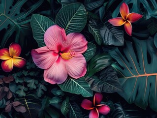 Wall Mural - colorful flower on dark tropical foliage nature background