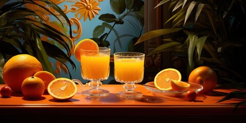 Wall Mural - Orange juice drink on wooden table with orange slices on trees background
