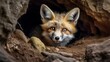 AI generated illustration of a curious red fox looking out a stone cave hole