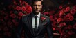 An elegant man in a suit against a background of roses. Valentine's Day
