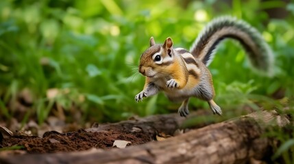 Wall Mural - AI generated illustration of an adorable chipmunk jumping in a forest