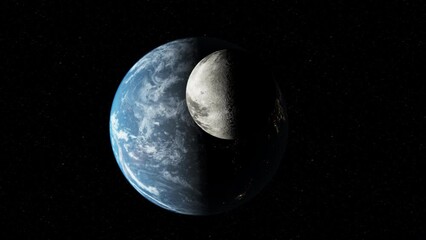 Wall Mural - 3D rendered animation of the Earth and the Moon in space with the Sun shining in the background