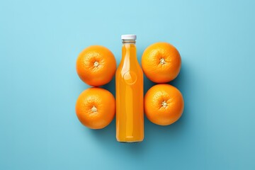 Wall Mural - An orange juice bottle with oranges all around on a light blue background
