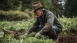 © Wirestock - AI generated illustration of a farmer with a hat kneeling in a field and working with soil