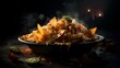 AI generated illustration of a delicious steaming bowl of gourmet nachos