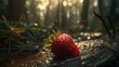 AI generated illustration of a ripe and juicy strawberry perched on the soil