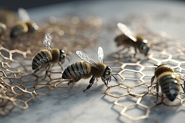 Bees working on metal abstract metallic hive, ai-generated
