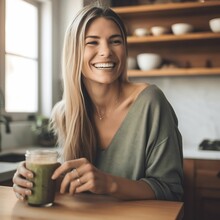 AI Generated Illustration Of A Woman With A Bright Smile Holding A Glass Of Green Juice