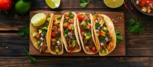 A Wooden Cutting Board Adorned With Tasty Tacos And Fresh Vegetables Is Beautifully Presented On A Rustic Wooden Table.