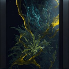 Abstract yellow and blue plant leaves, against a dark black background, AI generated