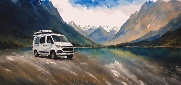 Mobile home on the road. Summer holiday in the mountains on a camper. Watercolor drawing, generative ai.
