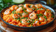 Shrimp on top, delicious freshly cooked meal, March, Spanish paella day