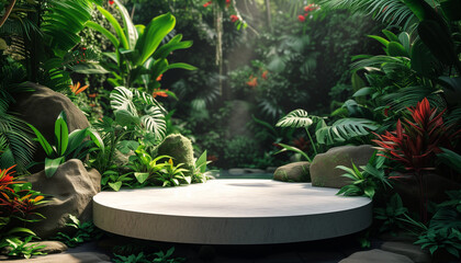  Product presentation with a podium set amidst a lush tropical forest