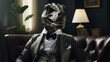 A surreal dinosaur dressed as a businessman. Metaphor the likeness of the likeness of the evil boss