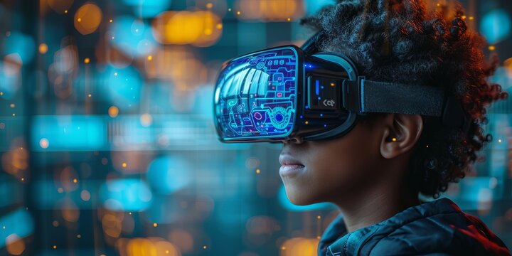 A boy in virtual reality with VR glasses immersed in a digital world with neon lights. Concept: modern technologies and interactive training, banner with copy space