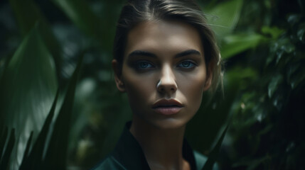 Wall Mural - A close-up portrait of a young beautiful woman in green colors