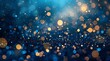 Blue and gold abstract lights on a dark background, in the style of glittery, bokeh defocused dotted Christmas Holiday pattern, dark sky-blue and light beige.


