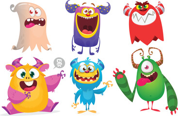 Canvas Print - Cute cartoon Monsters. Set of cartoon monsters: goblin, ghost, troll, monster, yeti and alien . Halloween design. Vector illustration isolated