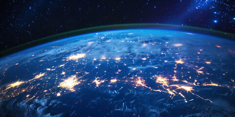 Wall Mural - big city lights view from space. planet earth globe with night realistic world map. communication co