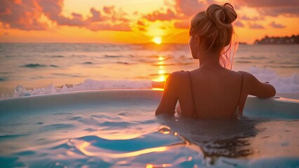 Wall Mural - woman relaxing in swimming pool jacuzzi at luxury hotel spa enjoying beautiful sunset view of ocean mediterranean travel holiday resort 4k video back view