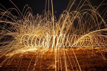 Wall Mural - Night scene featuring a burning fire created by spinning steel wool with a long exposure.