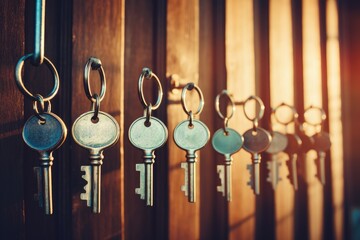 Hanging set of keys on wooden background