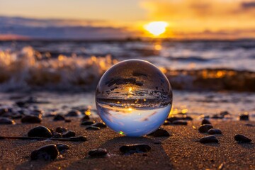 Sticker - Golden sunset illuminating a glass sphere on a sandy beach.