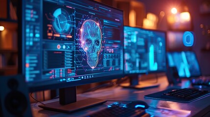 Wall Mural - multiple computer screens in a dark room display a glowing cyber security skull graphic, symbolizing