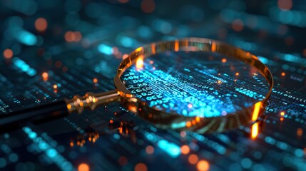Wall Mural - a magnifying glass focuses on glowing digital data, representing the meticulous process of analyzing