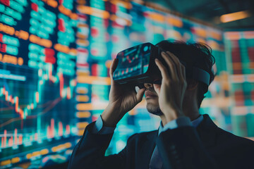 Investor or businessman using virtual reality for trading and investing in stock and currency market, modern or new technology helps increase convenience and easy of work