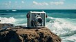 Vintage analog camera resting gracefully against serene oceanic backdrop