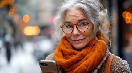 Wall Mural - Older mature senior woman using a mobile cell phone technology to text family