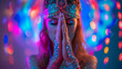 Dancer in Bellydance Dress with glitter. Blue and Pink. Praying concentrating.