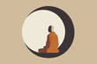 © lvnl - Vesak Day and Buddhism concept. Buddhist monk in traditional orange robe sitting and meditating by full moon. Sphere as zen state, enlightenment or nirvana symbol. Vector illustration in flat design.