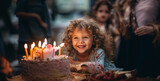 Fototapeta Londyn - child with birthday cake, a excitement of a child blowing out birthday candles surrounded by friends and family, with colorful decorations and genuine smiles photograph