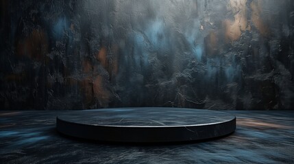 a circular product stand with a rocky background