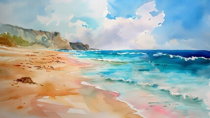 Wall Mural - watercolor painting, beach picture created by artificial intelligence