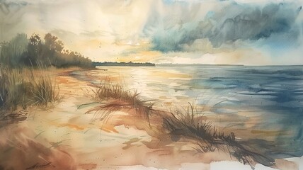 Wall Mural - watercolor painting, beach picture created by artificial intelligence