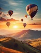 © Komain Techanadta - Colorful hot air balloons flying over misty morning sunrise, Sunrise Mountain View of mountains and lake has a floating balloon in the sky